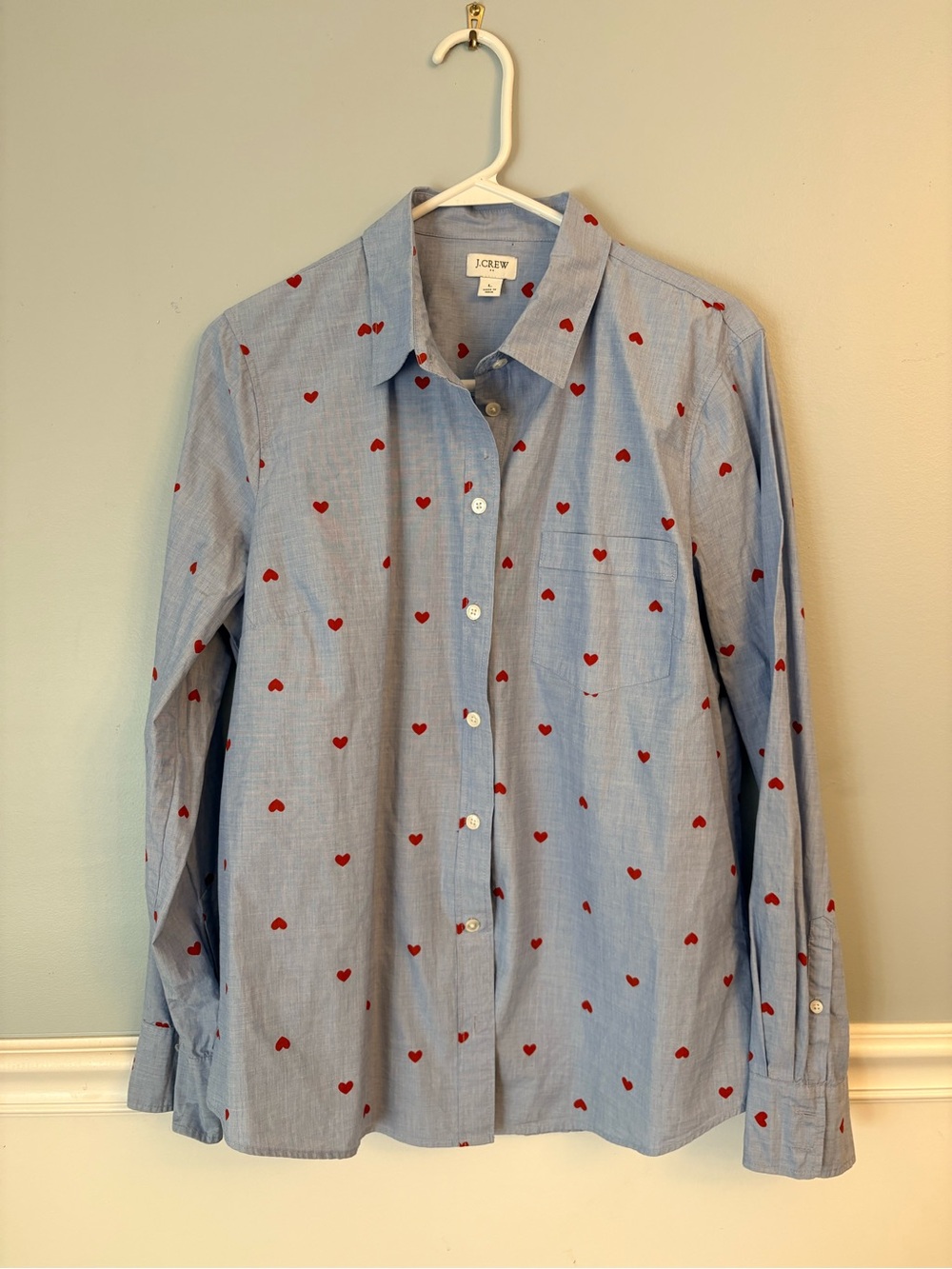 J. Crew Light Blue Button-Down Shirt with Red Hearts Vday 100% Cotton cute